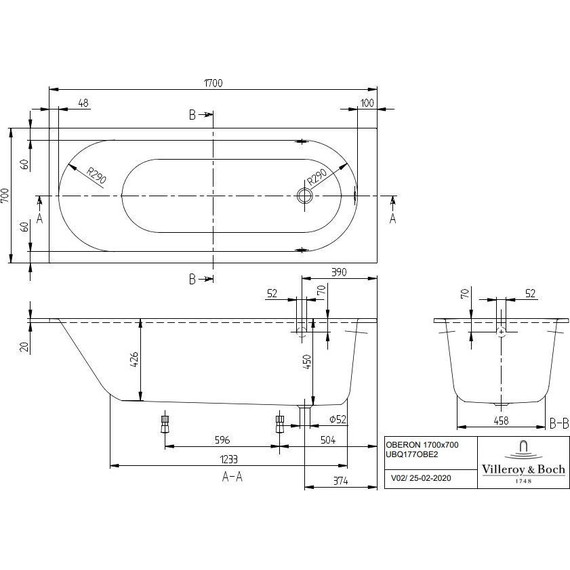 Ванна квариловая Villeroy&Boch Oberon Solo 170x70 см UBQ177OBE2V-01 с ножками - фото 8