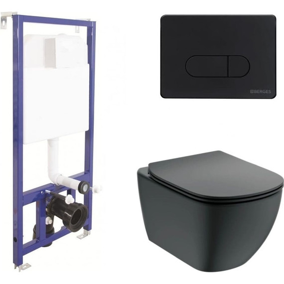 Инсталляция Berges Wasserhaus Novum D5 с подвесным безободковым унитазом Ideal Standard Silk Black Tesi AquaBlade, чёрный матовый - фото 