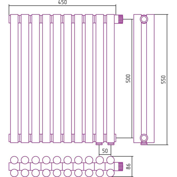 Радиатор Сунержа Эстет-11 450х500 мм (10 секций) 00-0312-5010 нижнее правое подключение - фото 6