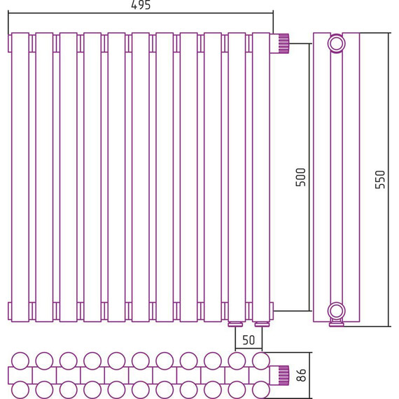 Радиатор Сунержа Эстет-11 495х500 мм (11 секций) 00-0312-5011 нижнее правое подключение - фото 6