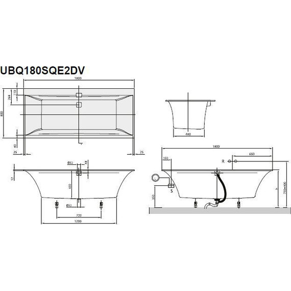 Ванна квариловая Villeroy&Boch Squaro Edge 180x80 см UBQ180SQE2DV-01 с ножками и сифоном - фото 4