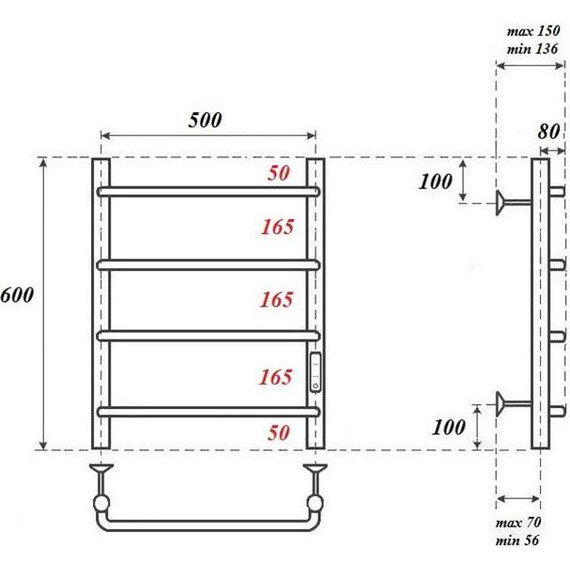 Полотенцесушитель электрический Point П4 500x600 мм PN08856 (возможность скрытого подключения) R - фото 3