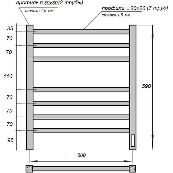 Полотенцесушитель электрический Point П7 500x600 мм PN71856B, чёрный (возможность скрытого подключения) R - фото 3