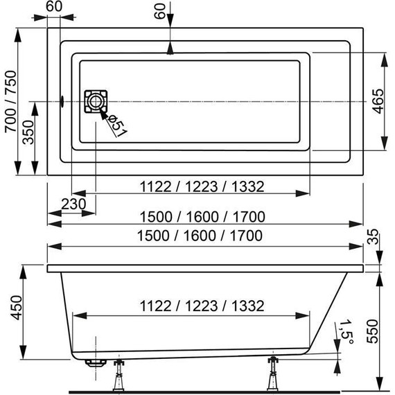 Ванна акриловая Vagnerplast Cavallo 150x70 см 76378, Размер - мм: 1500х700 - фото 7