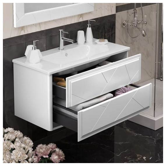 Тумба подвесная с раковиной-столешницей Opadiris Луиджи 100 см, белый матовый (раковина Euphoria 100, цвет белый) - фото 5