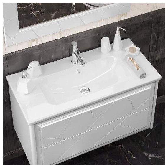 Тумба подвесная с раковиной-столешницей Opadiris Луиджи 100 см, белый матовый (раковина Euphoria 100, цвет белый) - фото 6