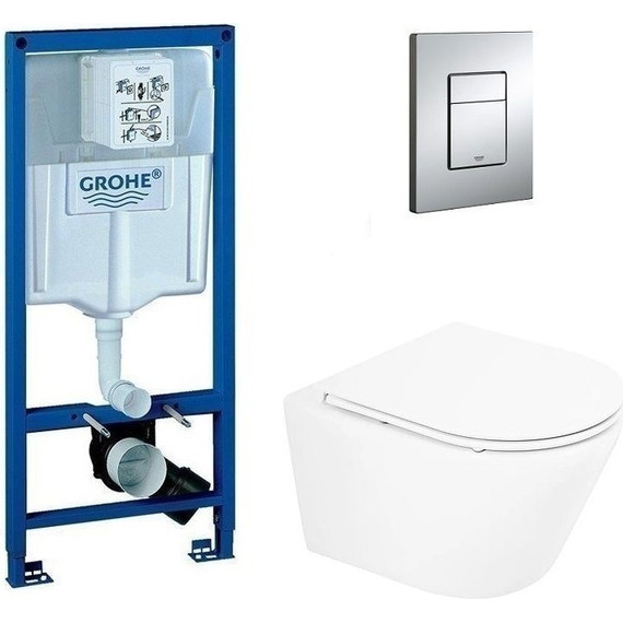 Инсталляция с подвесным унитазом комплект: Grohe Rapid SL 38772001 с подвесным безободковым унитазом BelBagno Tre BB8001CHR/SC сиденье микролифт, крепление, кнопка смыва хром - фото 