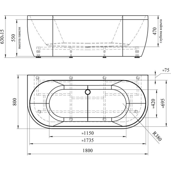 Ванна акриловая Радомир Вальс Макси 180x80 см, монолитная со сливом переливом Вальс - фото 5