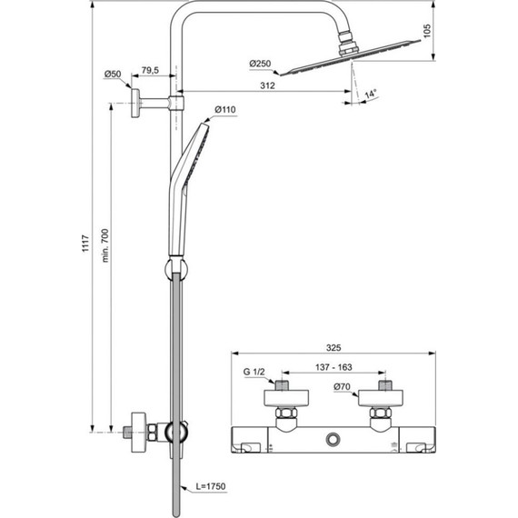 Душевая стойка с термостатом Ideal Standard Ceratherm T50 A7565AA - фото, картинка 7 Душевая стойка с термостатом Ideal Standard Ceratherm T50 A7565AA - фото 7