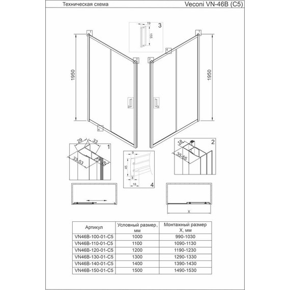 Душевая дверь Veconi Vianno 100 см VN46B-100-01-C5, чёрный/прозрачное - фото 3