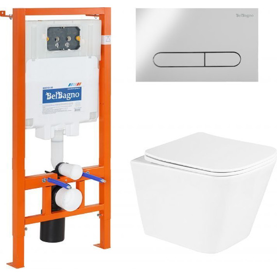 Инсталляция с подвесным безободковым унитазом BelBagno Due BB3103CHR/SC/BB002-80/BB005-PR-CHROME (кнопка смыва Prospero, хром глянцевый) - фото 