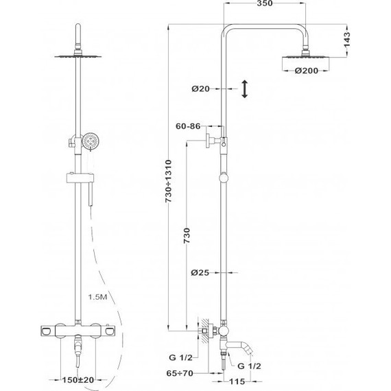 Душевая стойка с термостатом Mixxus TMO SS0039, нержавеющая сталь - фото 2