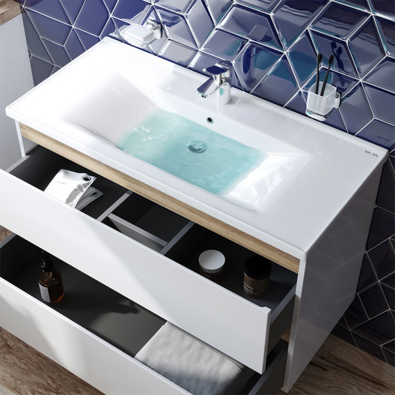 Тумба подвесная с раковиной Am.Pm X-Joy 100 см M85AFHX1002WG, белый глянцевый, Цвет фасада: белый - фото, картинка 5 Тумба подвесная с раковиной Am.Pm X-Joy 100 см M85AFHX1002WG, белый глянцевый, Цвет фасада: белый - фото 5