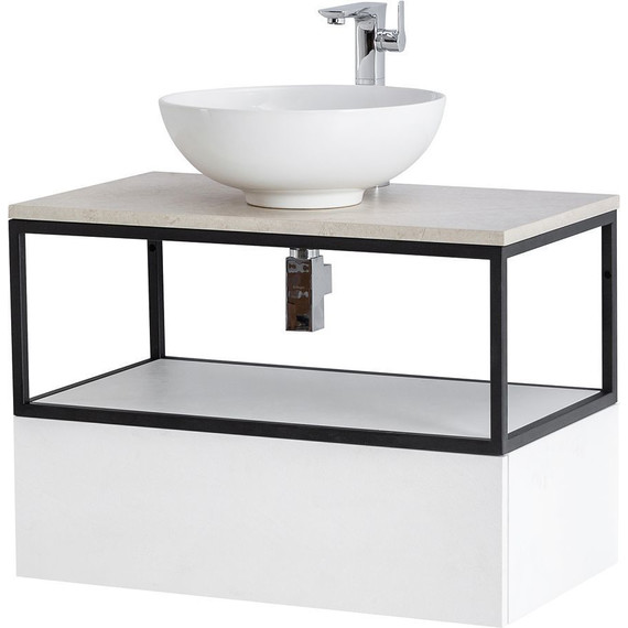 Тумба подвесная со столешницей Cezares CADRO-80-1C-SO-BG-BLUM 80 см, Bianco Ghiaccio/Nero/Marmo Crema Opaco - фото 