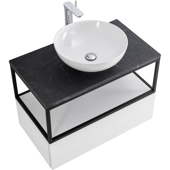 Тумба подвесная со столешницей Cezares CADRO-80-1C-SO-BG-BLUM 80 см, Bianco Ghiaccio/Nero/Marmo Nero Opaco - фото 4