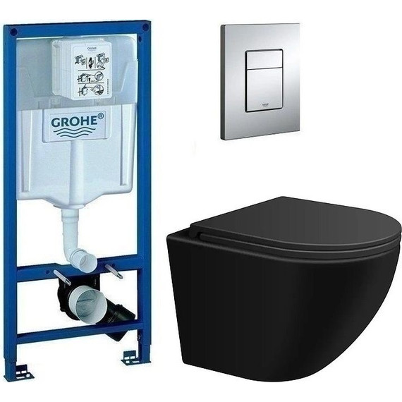 Инсталляция с подвесным унитазом комплект: Grohe Rapid SL 38772001 с подвесным безободковым унитазом Sintesi Evi SIN-TS-EVI-151BM сиденье микролифт, крепление, кнопка смыва хром - фото 