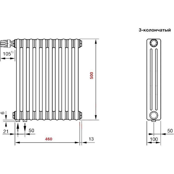 Радиатор Zehnder Charleston Completto 3050 480х500 мм (10 секций) нижнее подключение - фото 4