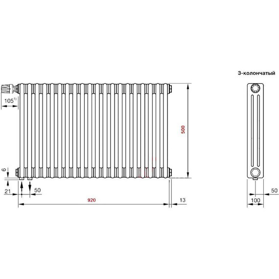 Радиатор Zehnder Charleston Completto 3050 940х500 мм (20 секций) нижнее подключение - фото 4