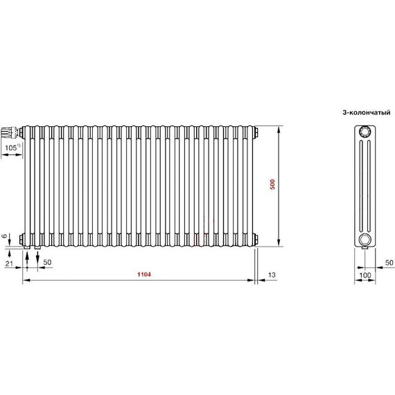 Радиатор Zehnder Charleston Completto 3050 1130х500 мм (24 секции) нижнее подключение - фото 4
