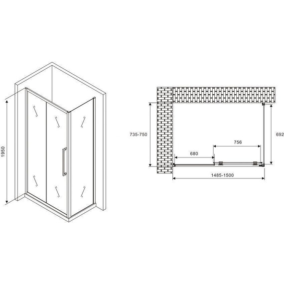 Душевое ограждение Abber Schwarzer Diamant 150x75 см AG30150MH-S75M, хром/матовое - фото 5