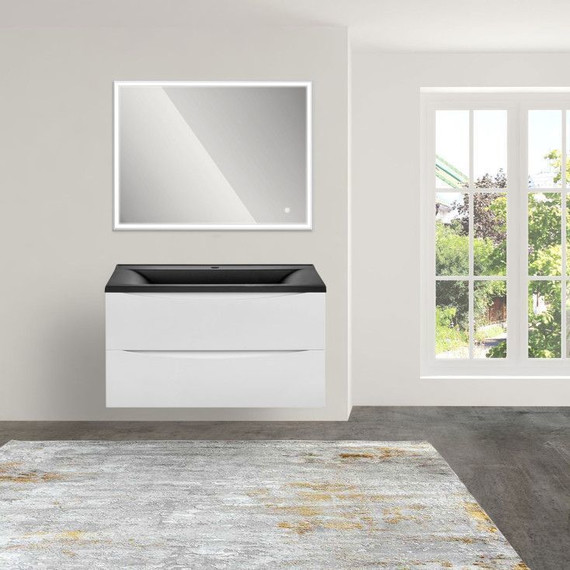 Тумба подвесная с раковиной Vincea Mia 90 см VMC-2MA900GW (раковина черная матовая VCB-3M900B), белый глянец - фото 4