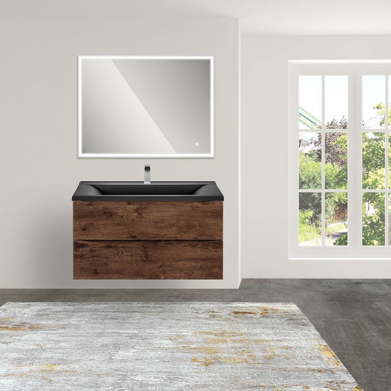 Тумба подвесная с раковиной Vincea Mia 90 см VMC-2MA900RW (раковина черная матовая VCB-3M900B), тёмное дерево - фото 4