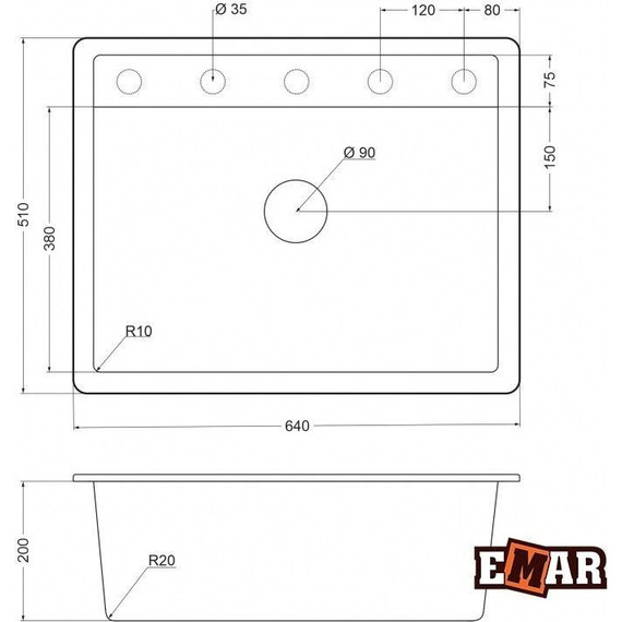 Кухонная мойка Emar EMQ-1640.Q, оникс, Цвет производителя: оникс - фото 2