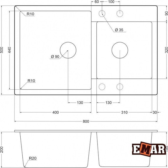 Кухонная мойка Emar EMQ-2800.Q, барит, Цвет производителя: барит - фото 2