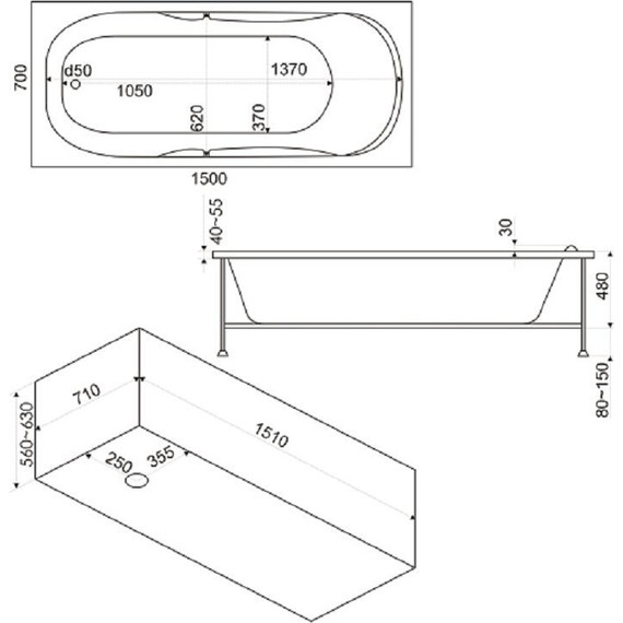 Ванна акриловая 150*70 Bas Ибица, Размер - мм: 1500х700 - фото 6