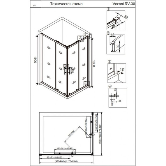 Душевое ограждение Veconi Rovigo 100x80 см RV30B-10080-01-C3, чёрный/прозрачное - фото 3