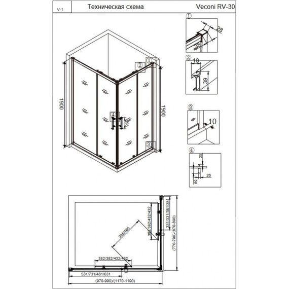 Душевое ограждение Veconi Rovigo 120x90 см RV30B-12090-01-C3, чёрный/прозрачное - фото 3