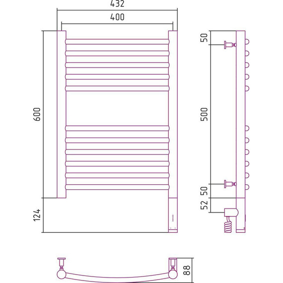 Полотенцесушитель электрический Сунержа Богема 3.0 П11 600x400 мм (выгнутая перемычка) 05-5803-6040 R, состаренная бронза - фото 5