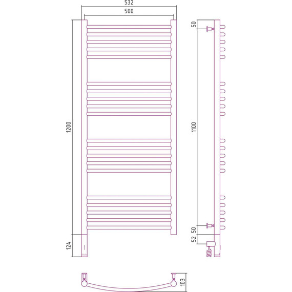 Полотенцесушитель электрический Сунержа Богема 3.0 П20 1200x500 мм (выгнутая перемычка) 30-5802-1250 L, белый матовый - фото 5