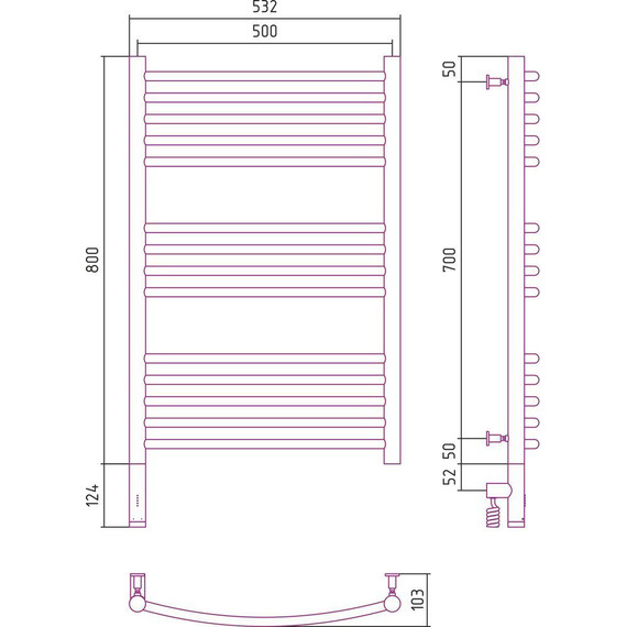 Полотенцесушитель электрический Сунержа Богема 3.0 П14 800x500 мм (выгнутая перемычка) 30-5802-8050 L, белый матовый - фото 5