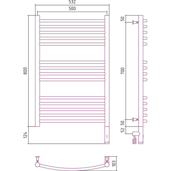 Полотенцесушитель электрический Сунержа Богема 3.0 П14 800x500 мм (выгнутая перемычка) 31-5803-8050 R, чёрный матовый - фото 5