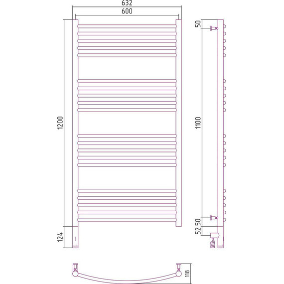 Полотенцесушитель электрический Сунержа Богема 3.0 П20 1200x600 мм (выгнутая перемычка) 12-5802-1260 L, белый - фото 5