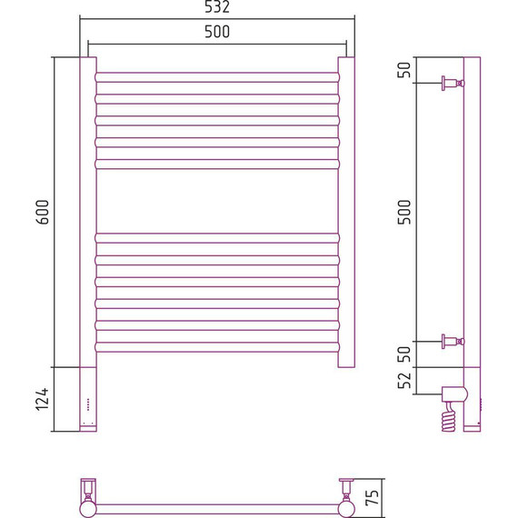 Полотенцесушитель электрический Сунержа Богема 3.0 П11 600x500 мм (прямая перемычка) 31-5804-6050 L, чёрный матовый - фото 5