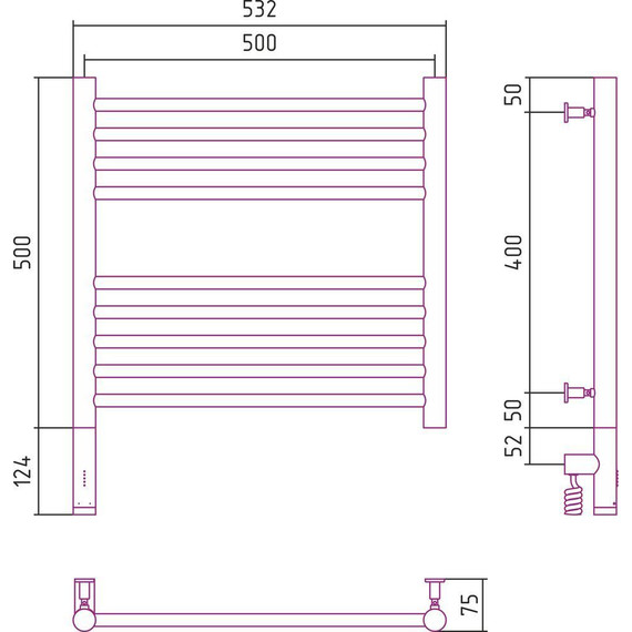 Полотенцесушитель электрический Сунержа Богема 3.0 П9 500x500 мм (прямая перемычка) 12-5804-5050 L, белый - фото 5