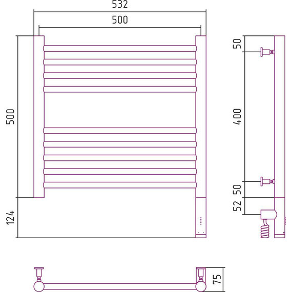 Полотенцесушитель электрический Сунержа Богема 3.0 П9 500x500 мм (прямая перемычка) 12-5805-5050 R, белый - фото 5