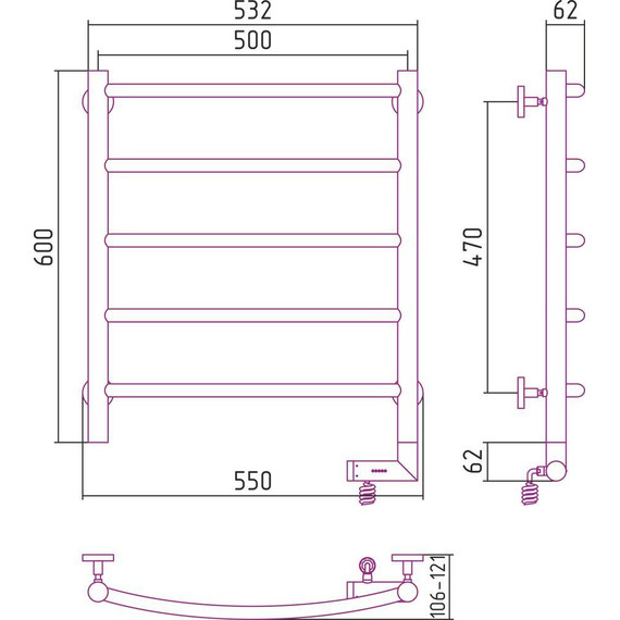 Полотенцесушитель электрический Сунержа Галант 2.0 П5 600x500 мм 31-5201-6050 R, чёрный матовый - фото 5