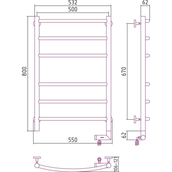 Полотенцесушитель электрический Сунержа Галант 2.0 П6 800x500 мм 31-5201-8050 R, чёрный матовый - фото 5