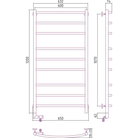 Полотенцесушитель электрический Сунержа Галант 2.0 П9 1200x600 мм 31-5200-1260 L, чёрный матовый - фото 5