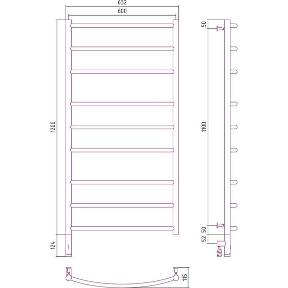 Полотенцесушитель электрический Сунержа Галант 3.0 П9 1200x600 мм 31-5800-1260 L, чёрный матовый - фото 5
