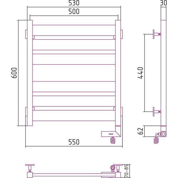 Полотенцесушитель электрический Сунержа Центурион 2.0 П6 600x500 мм 31-5603-6050 R, чёрный матовый - фото 5