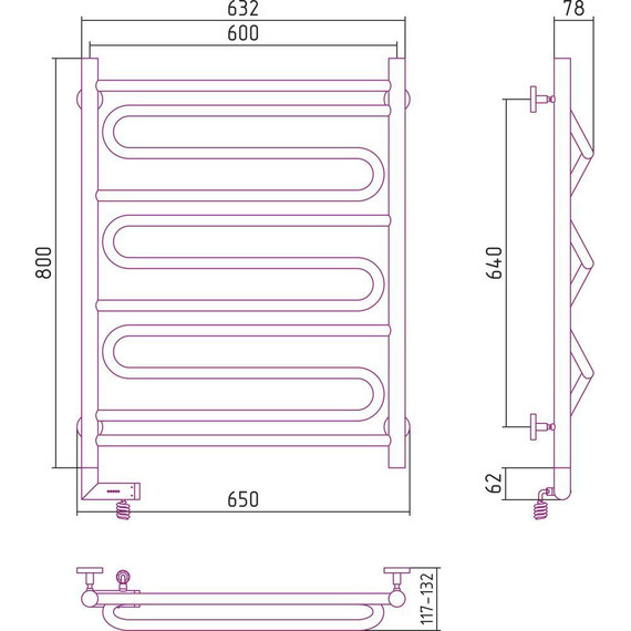 Полотенцесушитель электрический Сунержа Элегия 2.0 П11 800х600 мм 31-5218-8060 L, чёрный матовый - фото 5