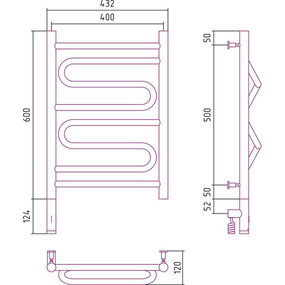 Полотенцесушитель электрический Сунержа Элегия 3.0 П8 600x400 мм 31-5818-6040 L, чёрный матовый - фото 5