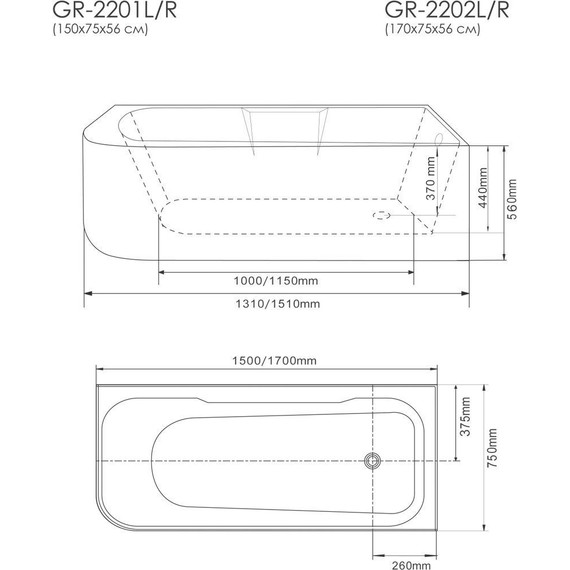 Ванна акриловая Grossman 170x75 см GR-2202R - фото 4