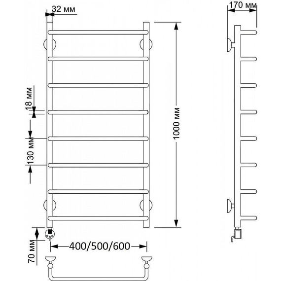 Полотенцесушитель электрический Secado Мерида 1 П8 500x1000 мм (возможность скрытого подключения) бронза - фото 3