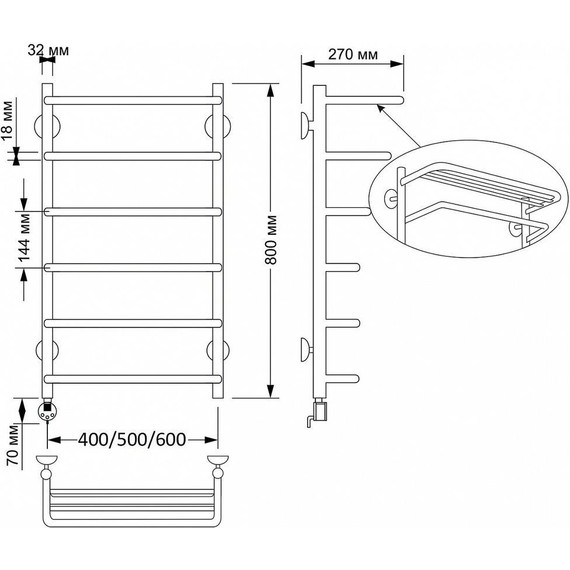 Полотенцесушитель электрический Secado Мерида 2 с полкой П6 500x800 мм (возможность скрытого подключения) бронза - фото 3