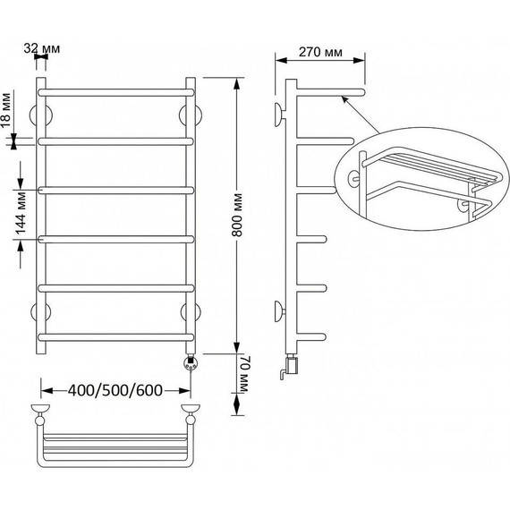 Полотенцесушитель электрический Secado Мерида 2 с полкой П6 500x800 мм (возможность скрытого подключения) бронза - фото 4